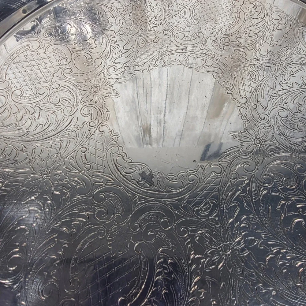 Leonard Silver Plated Tea Set 3pc Ornate Teapot Creamer and Etched Serving Tray